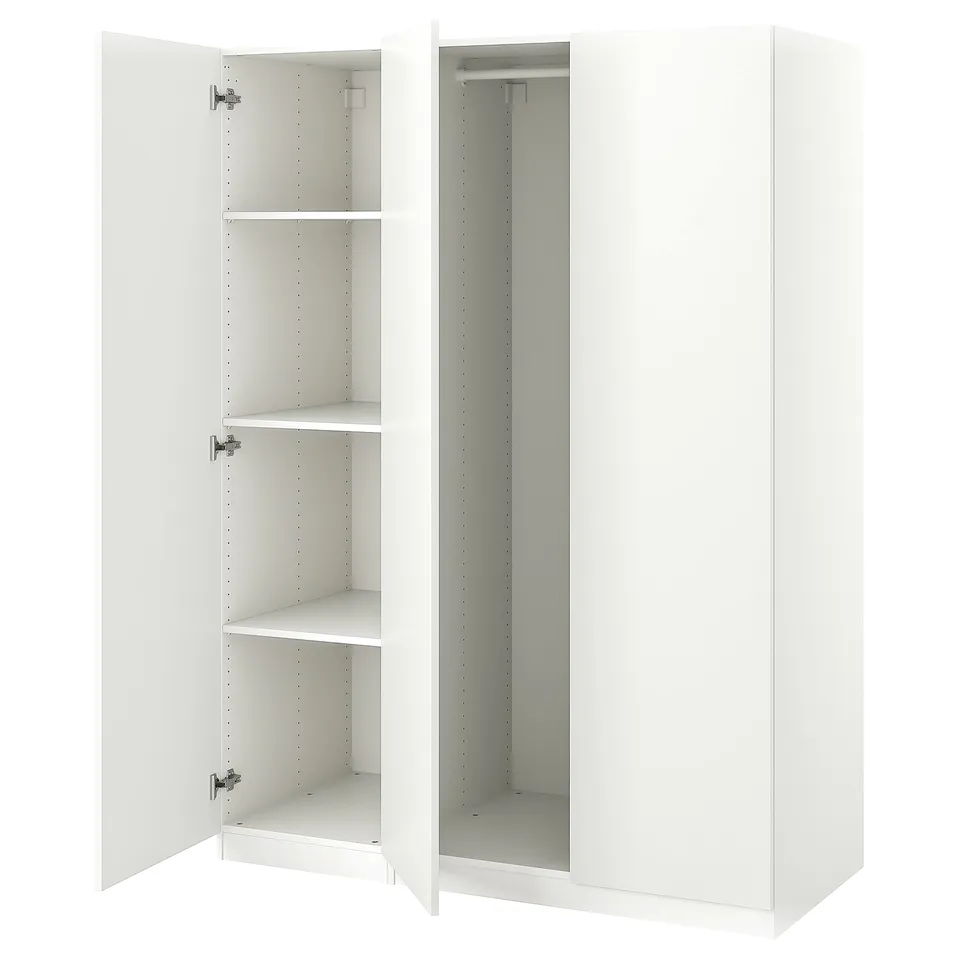 White PAX wardrobe with open doors, shelves, and rail.