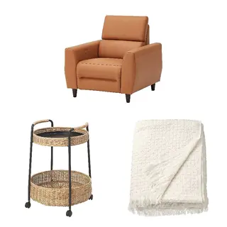 HORNMAL/LUBBAN/RULLERUM set: trolley table with storage, Grann/Bomstad golden-brown + rattan/anthracite + off-white, Depth 94 x Width 97 cm