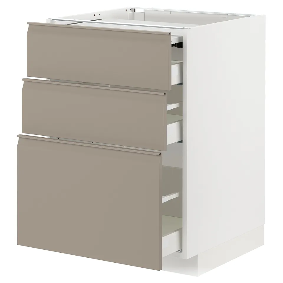 METOD kitchen unit with grey-beige drawers and white frame, rectangular and modern design.