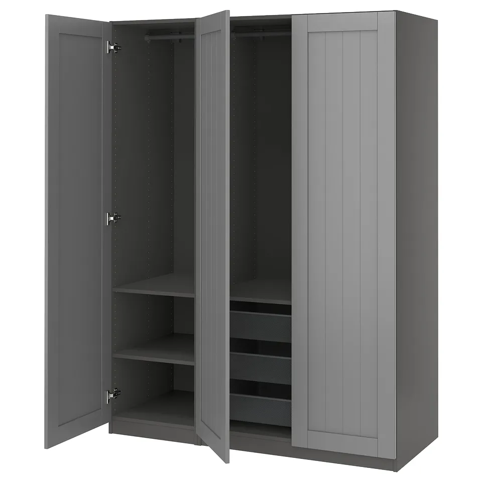 Grey PAX wardrobe with mesh basket and shelves, open doors revealing interior.
