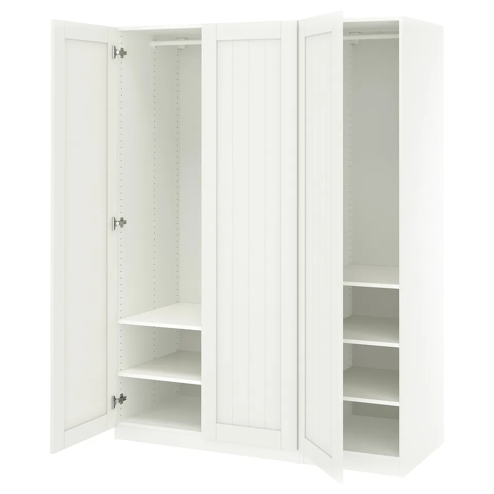 An open white ikea PAX wardrobe with shelves and storage space.