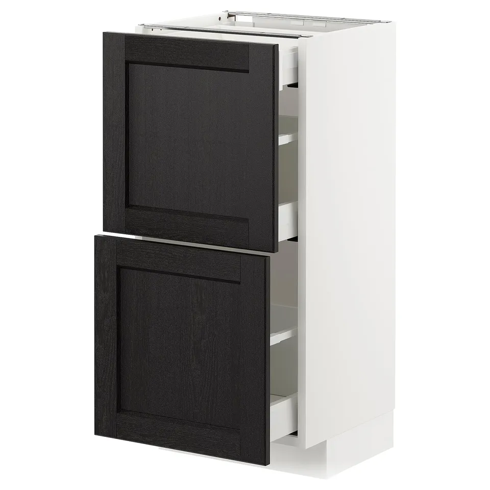 Modern white METOD kitchen cabinet with two dark grey wooden drawers.
