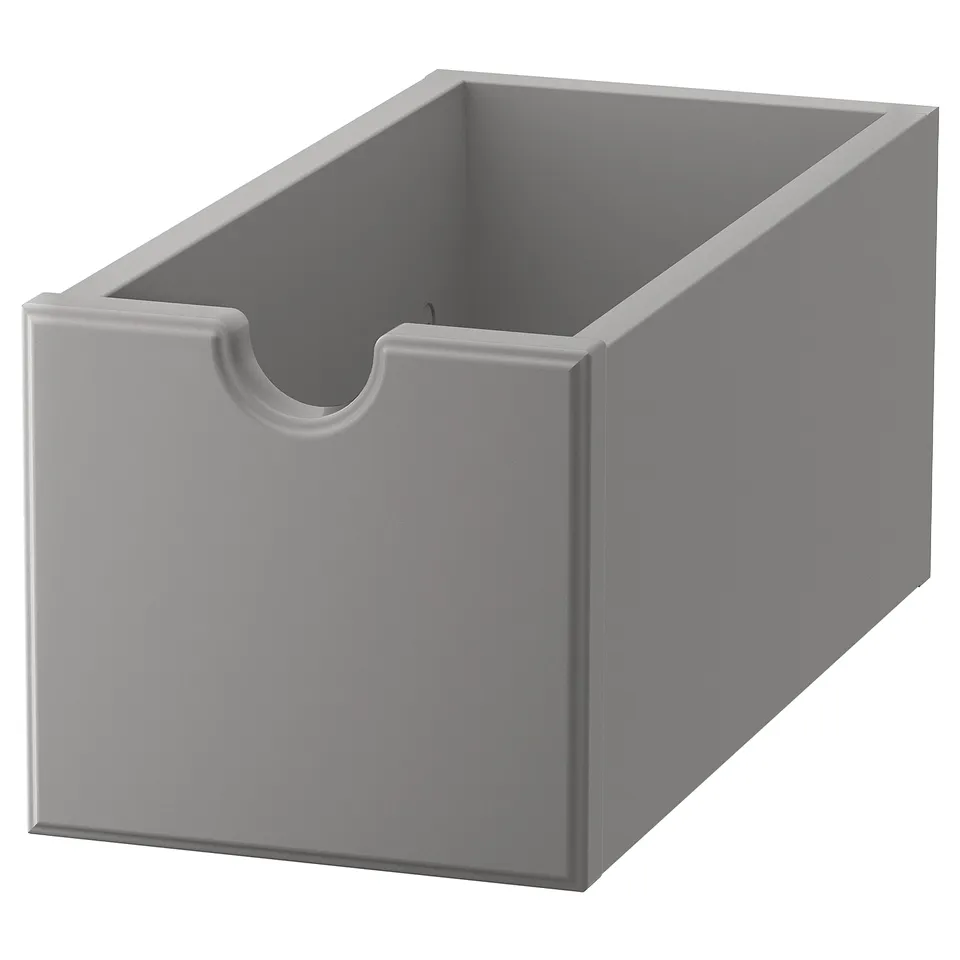 TORNVIKEN grey storage box, made of fibreboard, rectangular shape, open top, modern design.