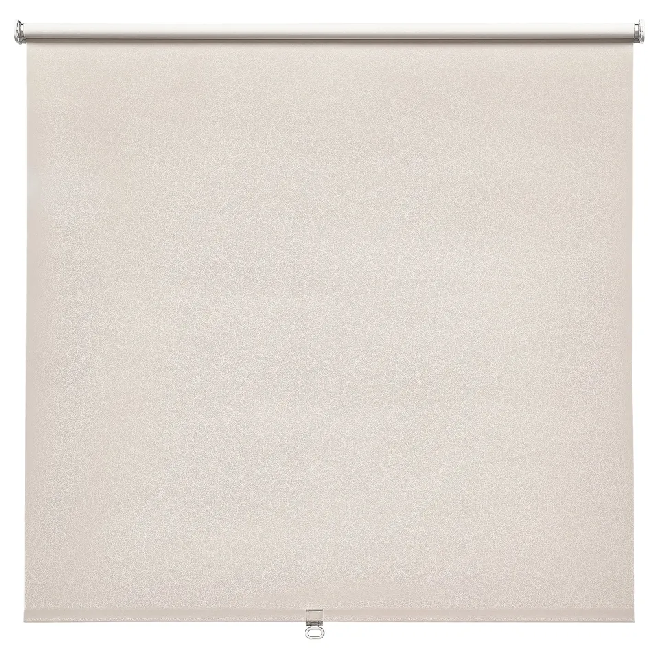 A beige FÖNSTERBLAD roller blind with a circular pattern, featuring polyester fabric blocking light, securely mounted with metallic fixtures.