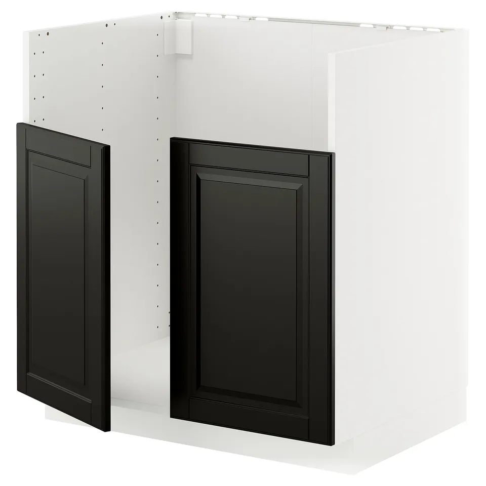 METOD kitchen unit with black bevelled doors.