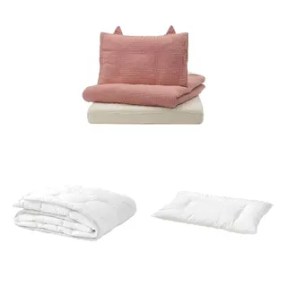 GULDVÄVARE/LEN/LENAST set: 3-piece bedlinen set for cot + duvet for cot + pillow for cot, pale pink/beige + white/grey + white, 60x120 cm