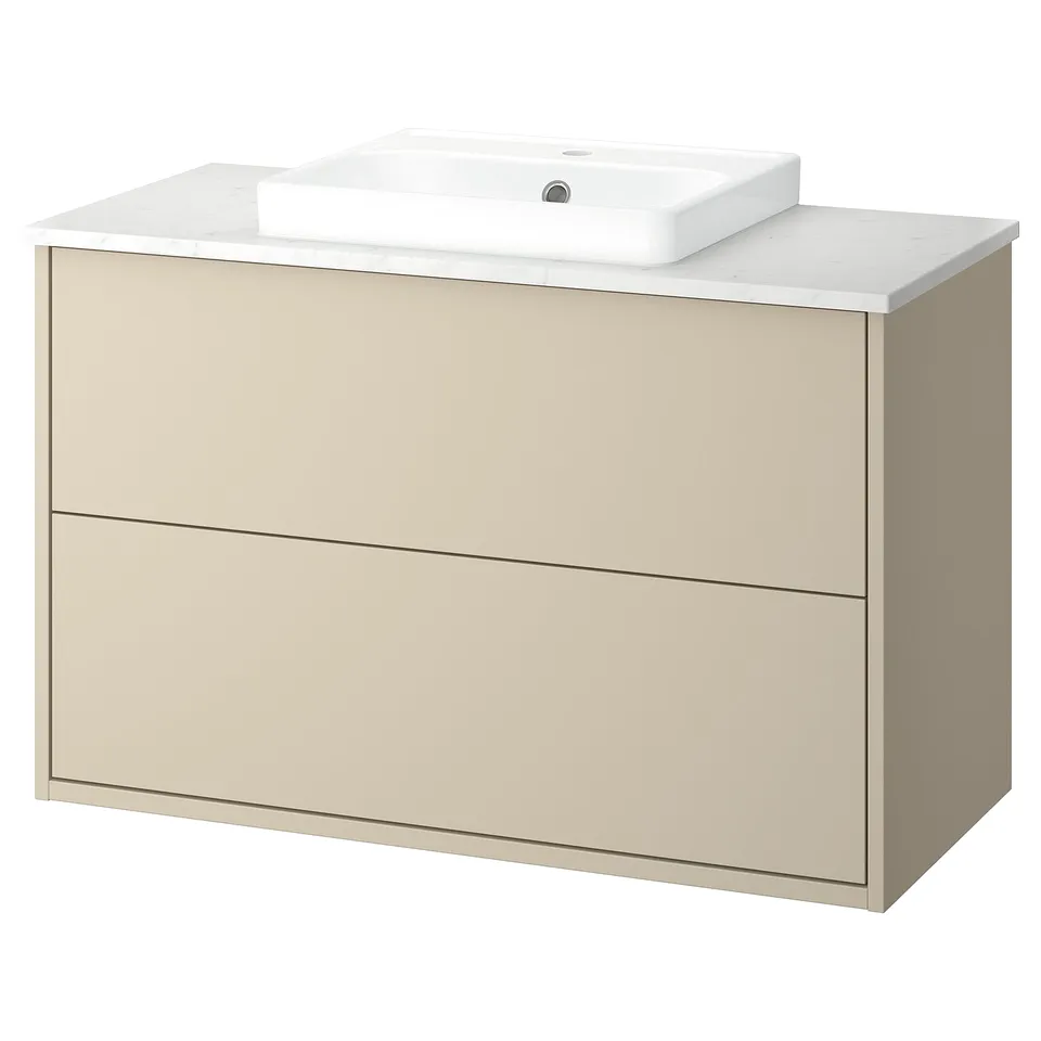HAVBÄCK beige bathroom vanity, marble white counter, rectangular basin, wall-mountable.