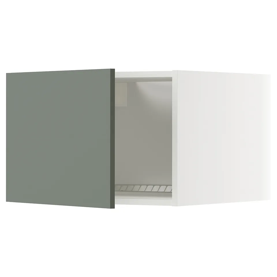 Modern grey-green cabinet, open, white interior.