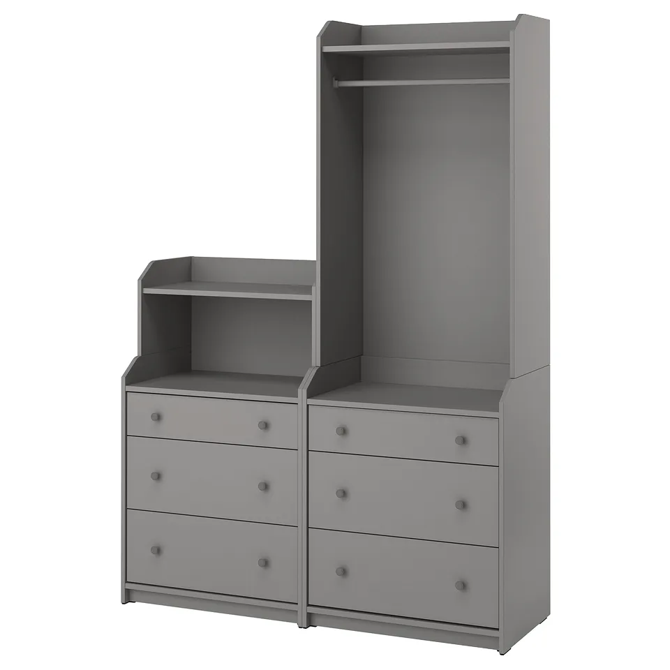 Grey HAUGA bedroom set: chest & wardrobe with open & closed storage.