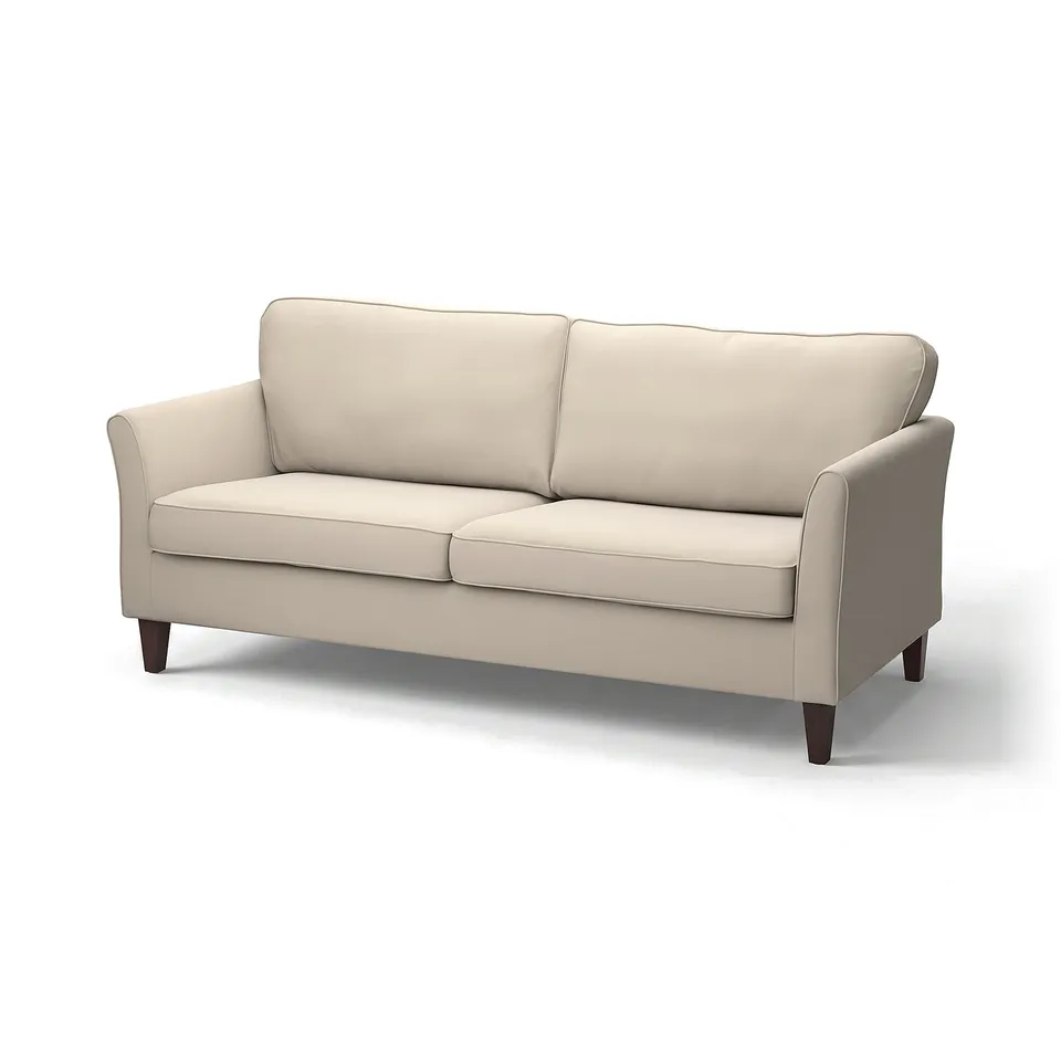 EKHOLMA sofa: cream-colored, classic design with rolled arms, wooden legs, and plush cushions.