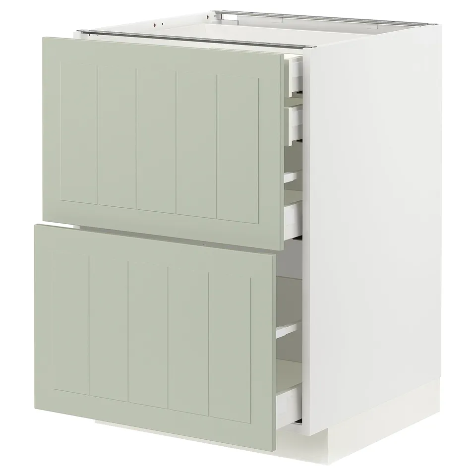 METOD kitchen cabinet in green with drawers. Modern, rectangular design with light green panels.