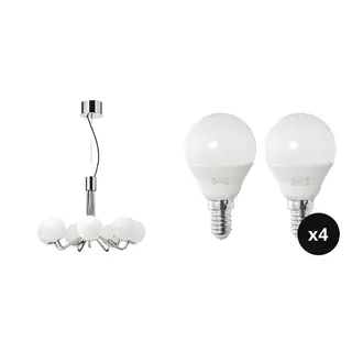 SIMRISHAMN/SOLHETTA set: chandelier, 7-armed + LED bulb E14 470 lumen x4, chrome-plated/opal white glass + globe opal white, 70 cm
