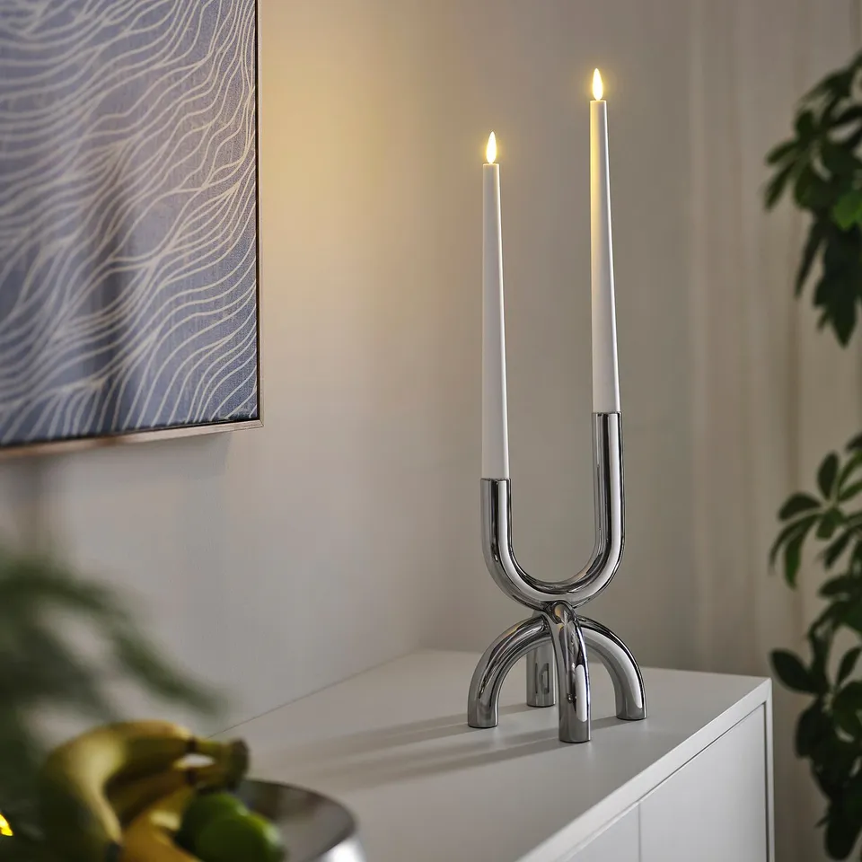 SNÖDUVA Candlestick, for 2 candles silver-colour, 25 cm