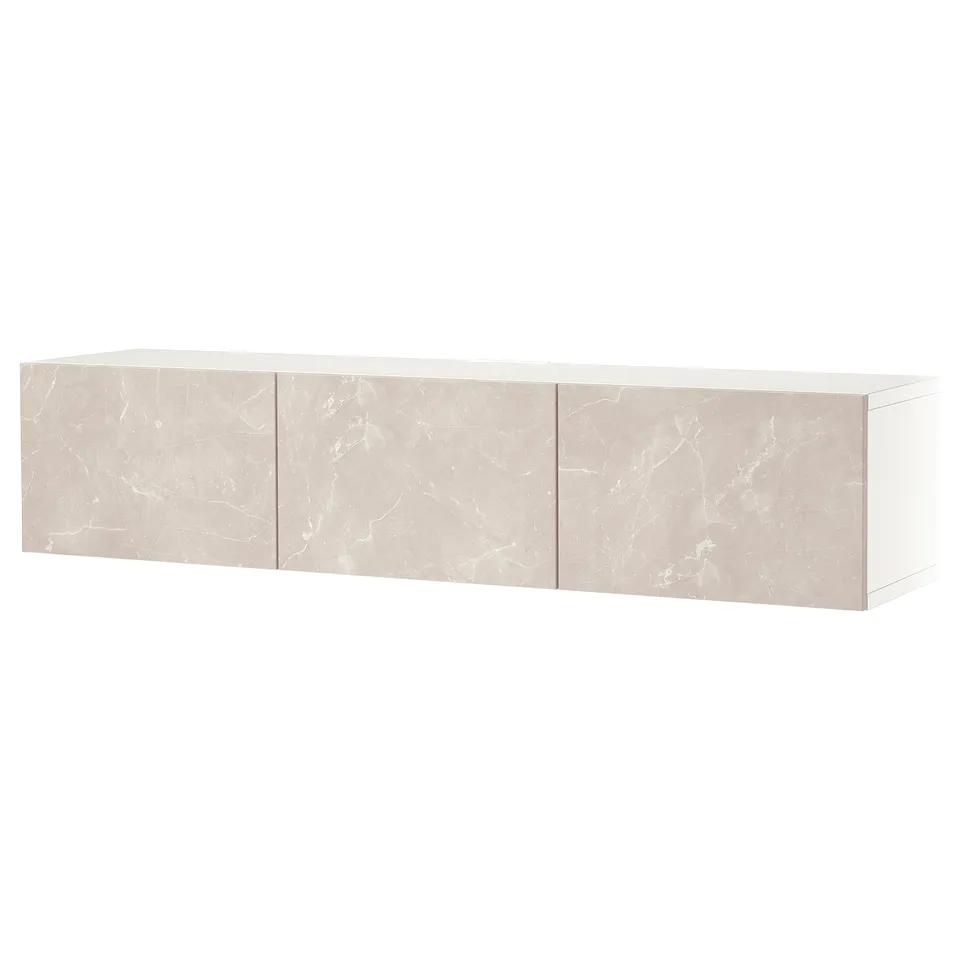 Modern BESTÅ tv unit, cream marble effect, rectangular shape, wall-mounted design.