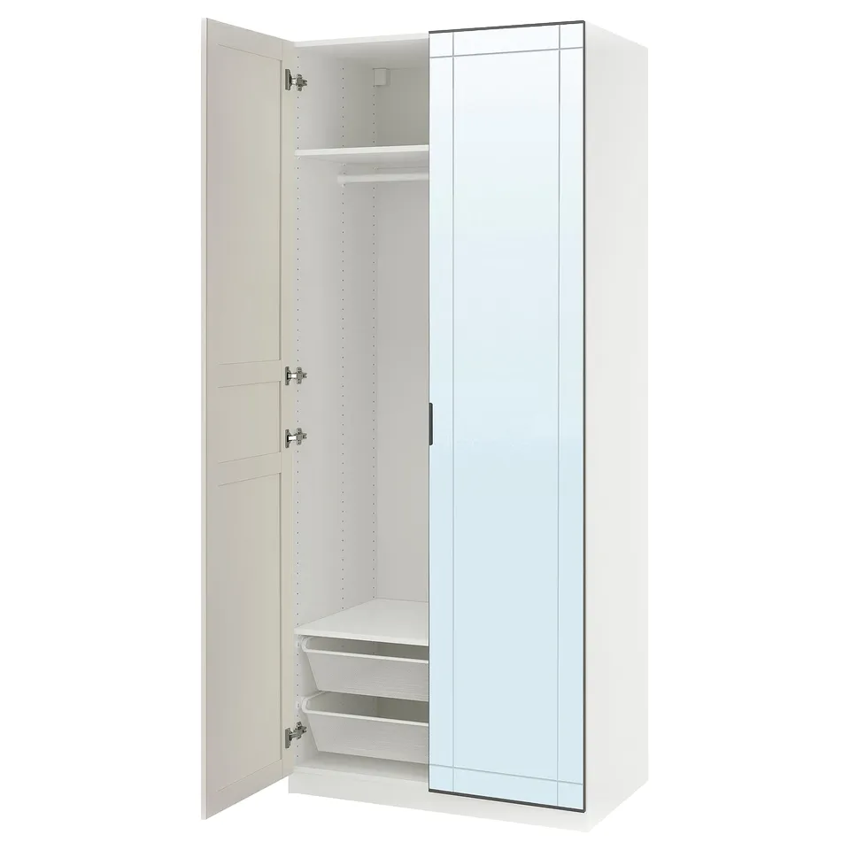 PAX / KAMMARTORP/FLISBERGET Wardrobe combination, white mirror glass/grey off-white, 100x60x236 cm