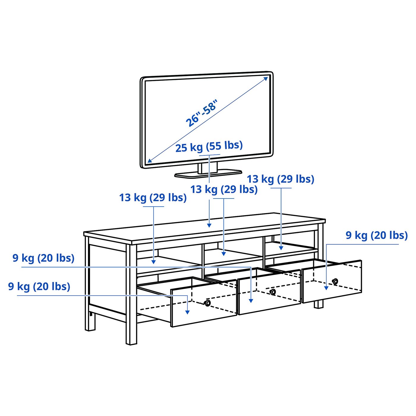 Illustration with measurements for the product: HEMNES.