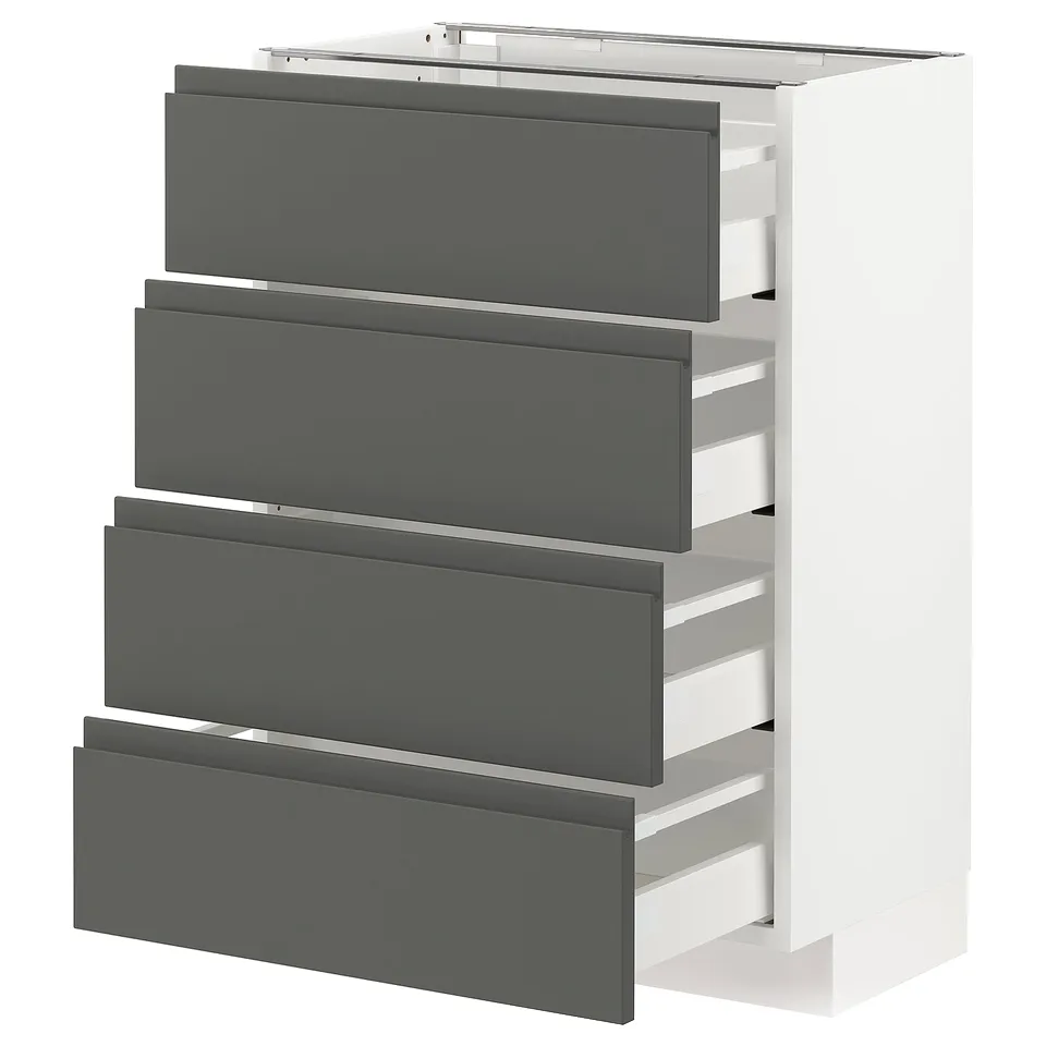 Modern kitchen unit, white base, four grey drawers, dark grey handles.