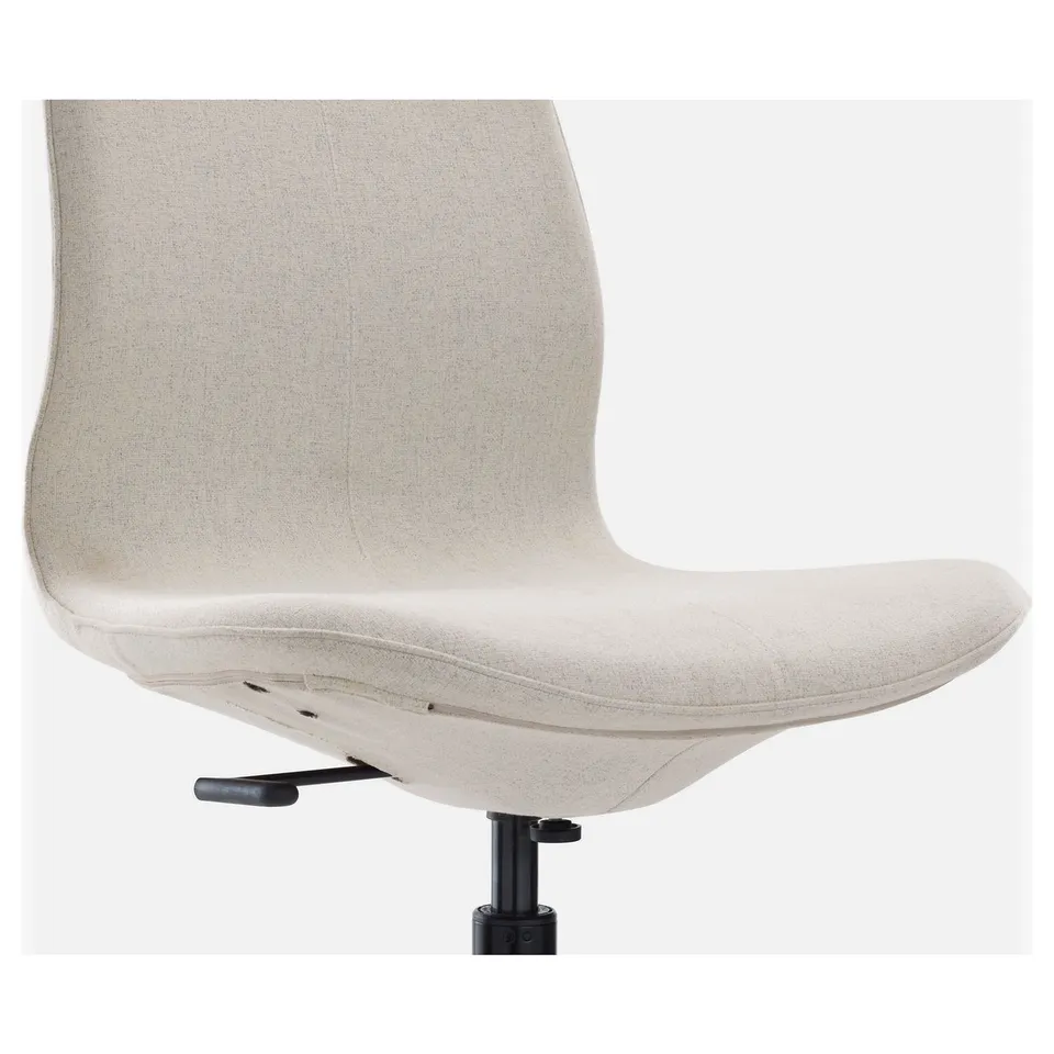 Close-up of cream LÅNGFJÄLL office chairs height-adjustable, lumbar support seat with tilt mechanism.