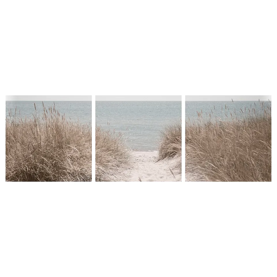 Triptych art: PJÄTTERYD series. Three panels, light blue water, sandy path. Beige grass frame, canvas print, modern.