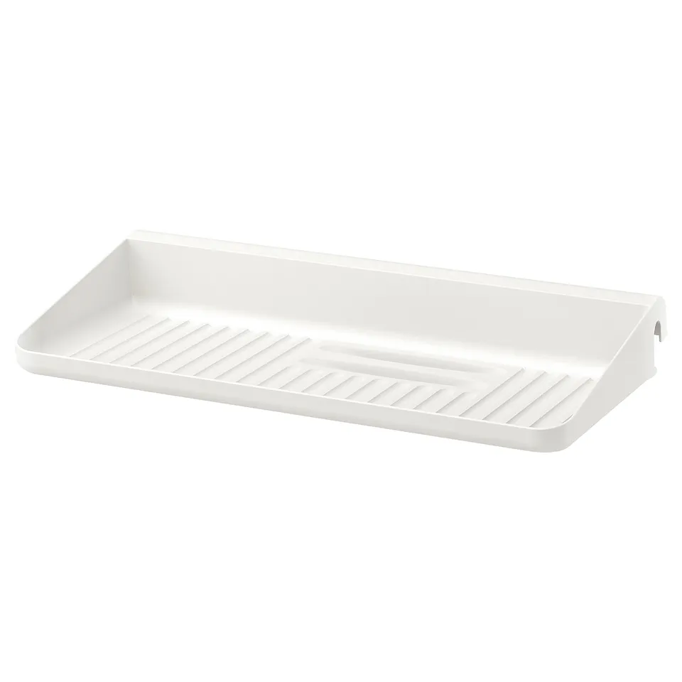 SUNNERSTA white plastic shelf, rectangular with ribbed design for drainage.