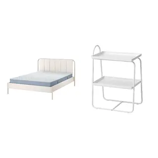 HATTÅSEN/TÄLLÅSEN set: upholstered bed frame with mattress + bedside table/shelf unit, Kulsta light beige/Valevåg extra firm + white, 150x200 cm