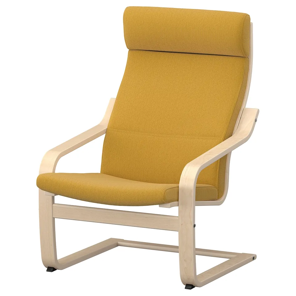 An IKEA poang armchair with a yellow cushioned seat and backrest, light wood frame, and curved legs.
