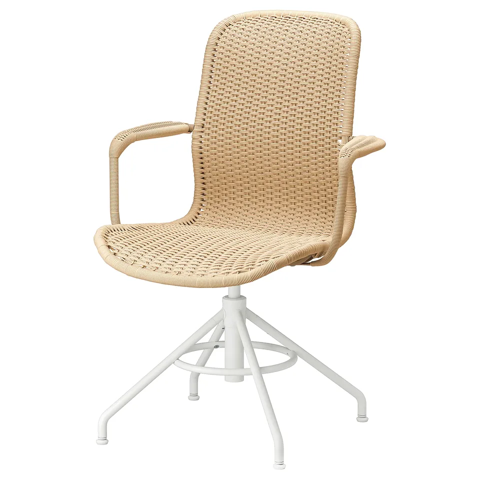 A beige-colored, wicker-weaved office swivel chair with armrests and a white metal base.