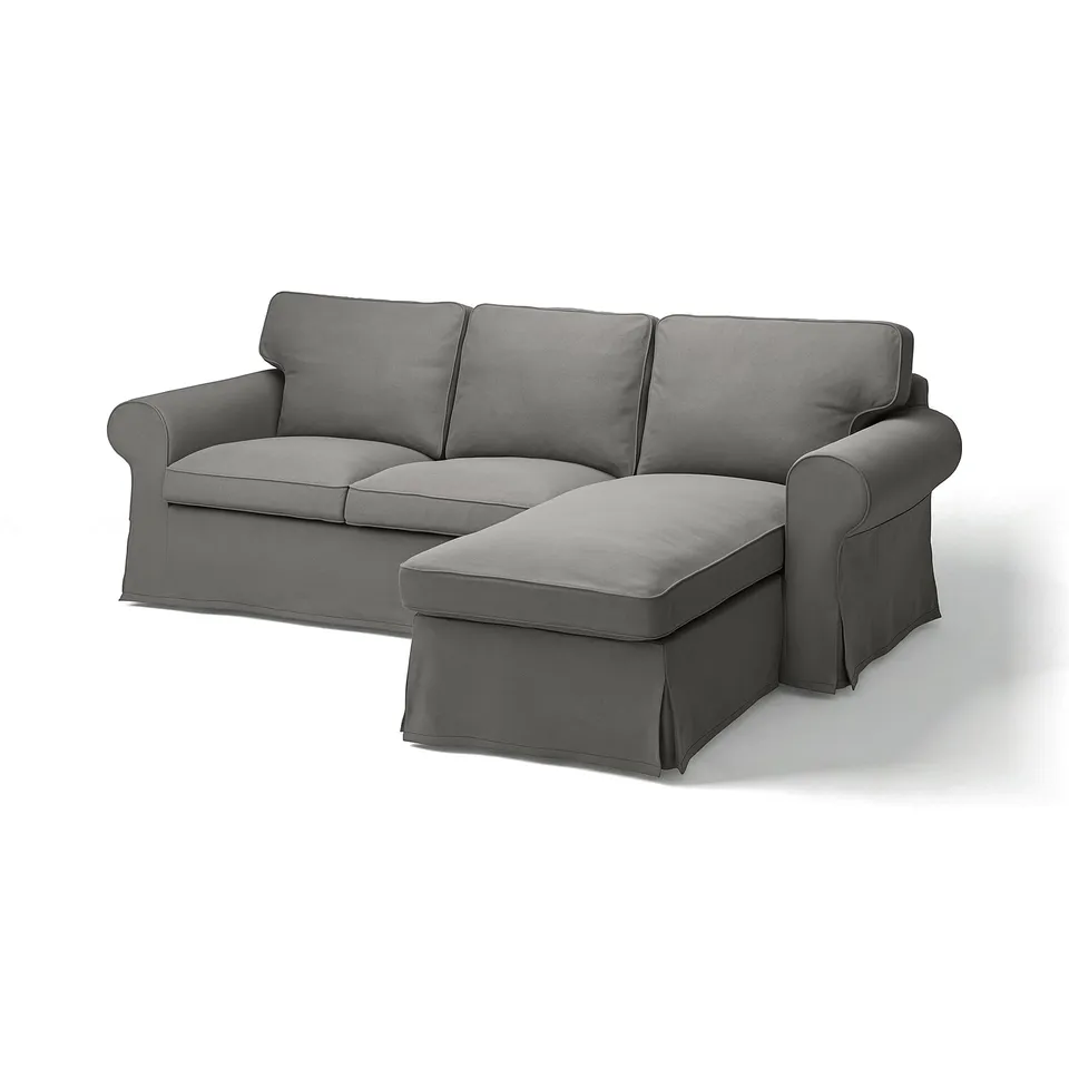 Modern grey l-shaped sofa with rolled arms and matching chaise.