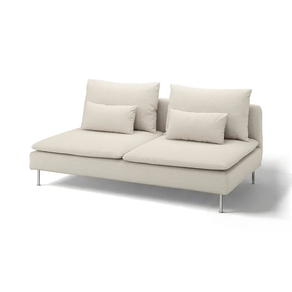 Beige SÖDERHAMN sofa with removable covers, sleek metal legs, rectangular cushions.