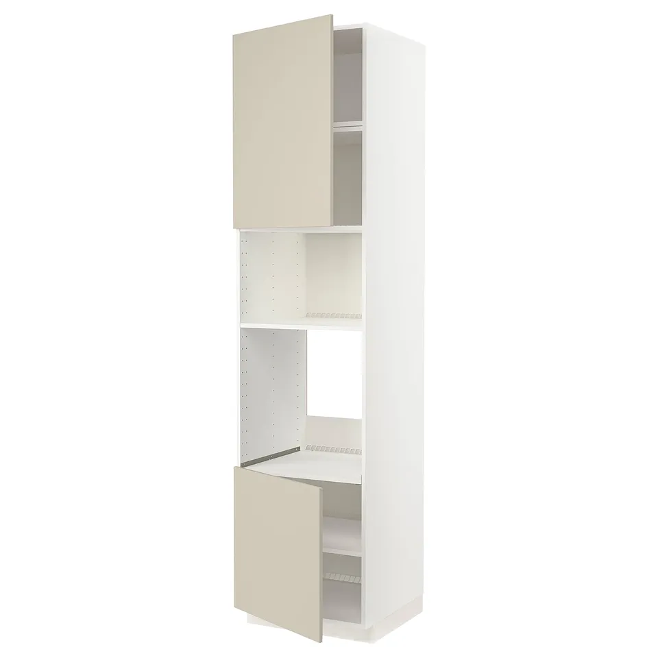 A tall, white METOD cabinet with beige doors, featuring adjustable shelves and a 25-year guarantee.