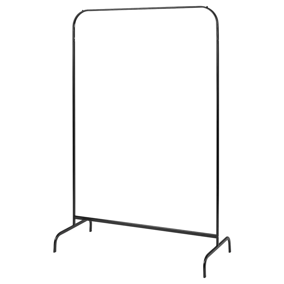 Black MULIG minimalist clothes rack, 4 curved legs, plastic feet.