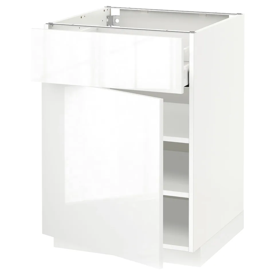 White high-gloss kitchen cabinet with drawer and shelf.