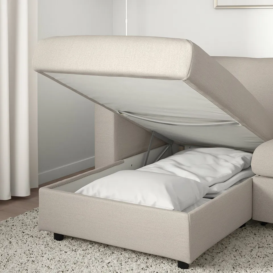 VIMLE 3-seat sofa-bed with chaise longue, with wide armrests Gunnared/beige