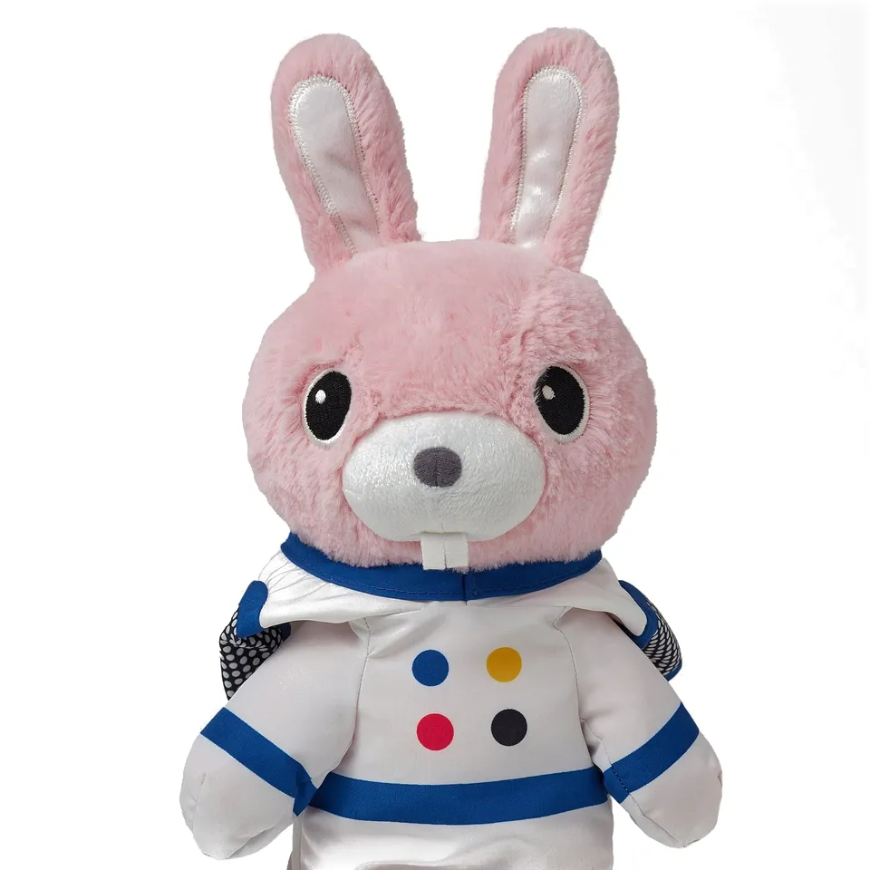 Soft, plush astronaut rabbit toy with detailed spacesuit, perfect for imaginative play.