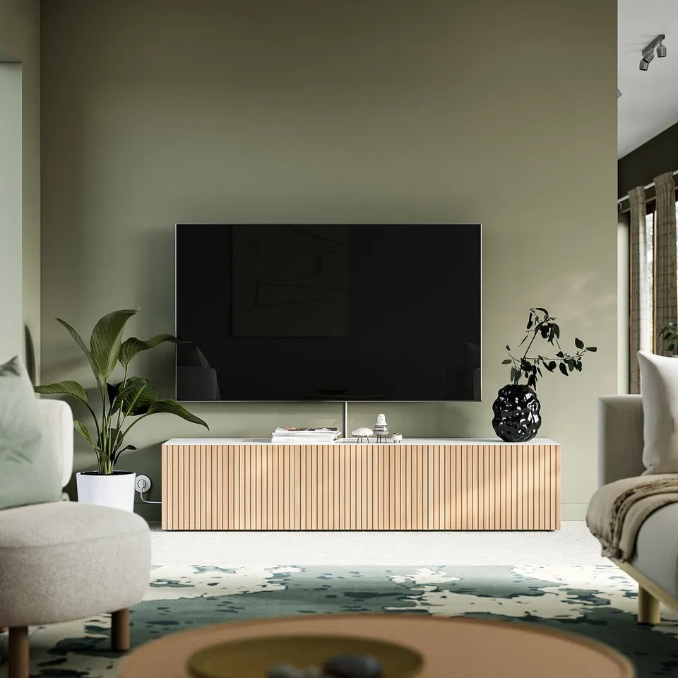 BESTÅ TV bench with doors, white Björköviken/oak veneer, 180x42x38 cm