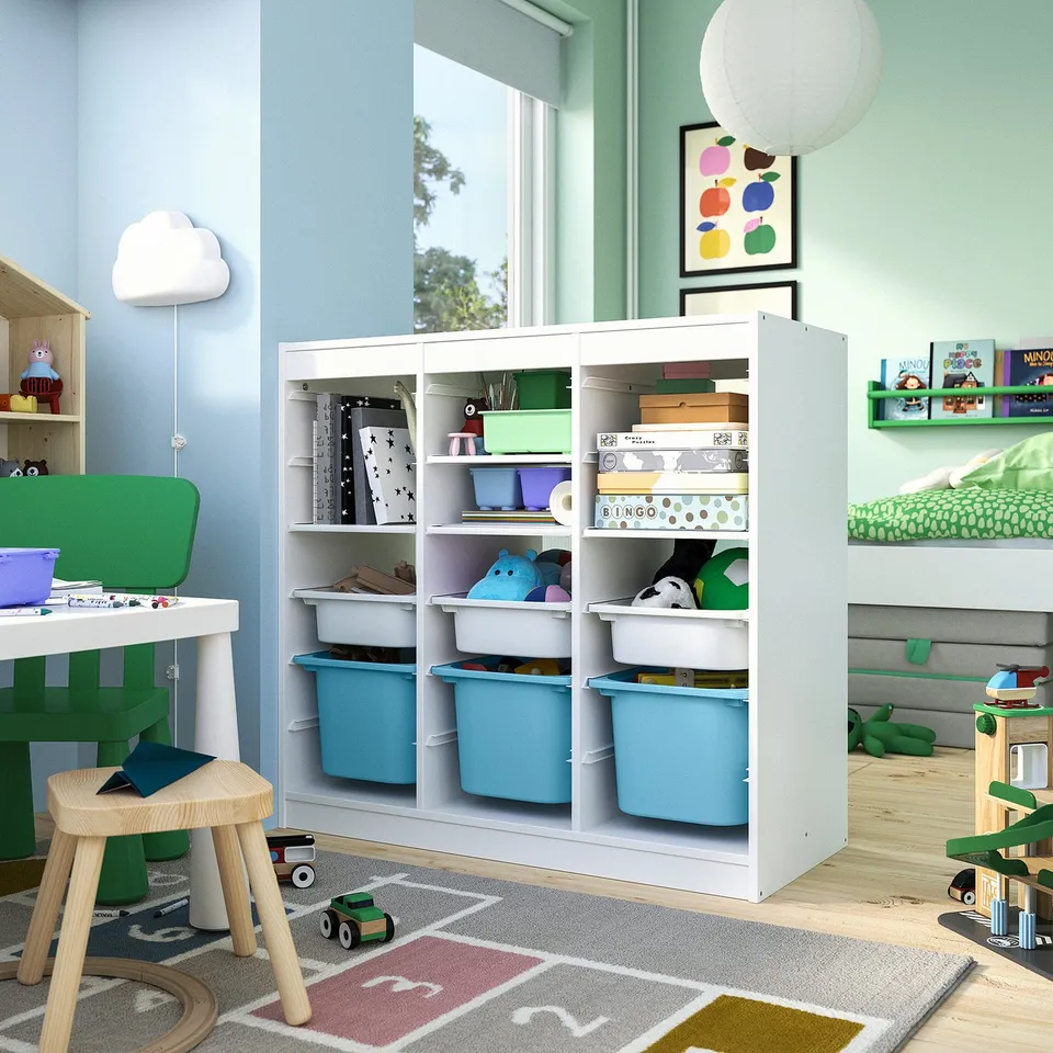 TROFAST Storage combination, with shelves/boxes room divider/white light blue, 99x44x95 cm