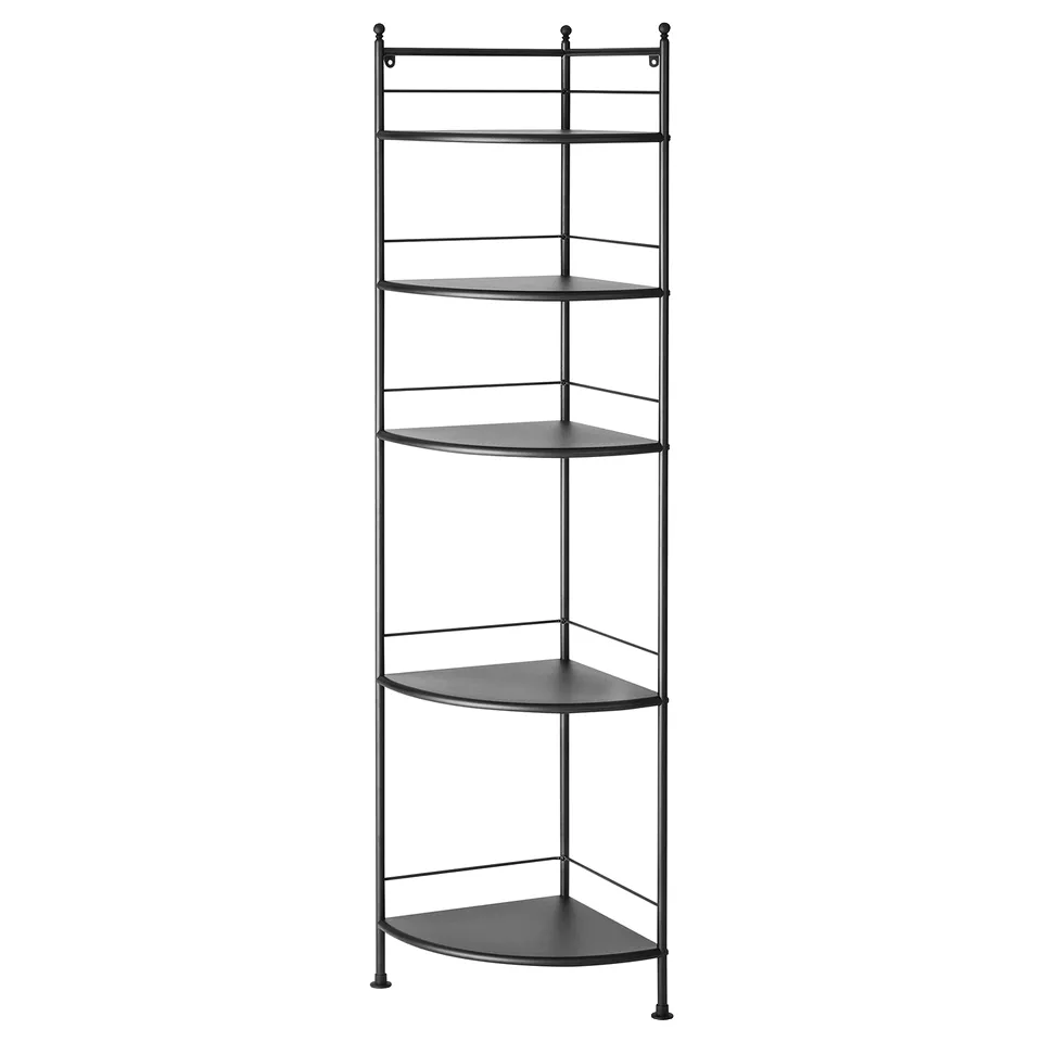 The freosjon corner shelving unit is black, featuring five triangular shelves with metal framing for efficient, stylish bathroom storage.