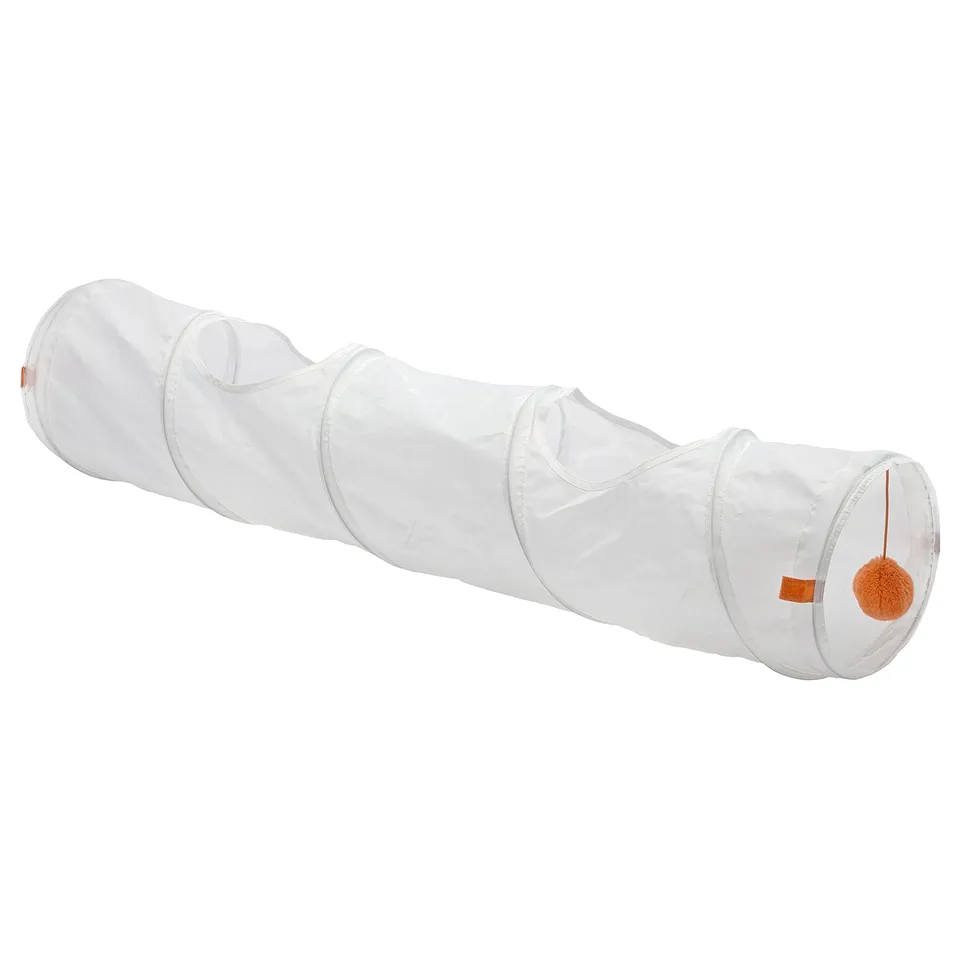 White pet play tunnel with orange toy, durable for cats & dogs.