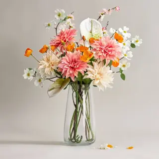 BERÄKNA/SMYCKA set: artificial spray x2 + artificial flower x4 + artificial flower x2 + artificial flower x2, in/outdoor/Dogwood white + in/outdoor/Poppy orange + in/outdoor Flamingo plant/white + in/outdoor Dahlia/white + clear glass + cherry-blossoms/pink + in/outdoor Dahlia/pink, 100 cm