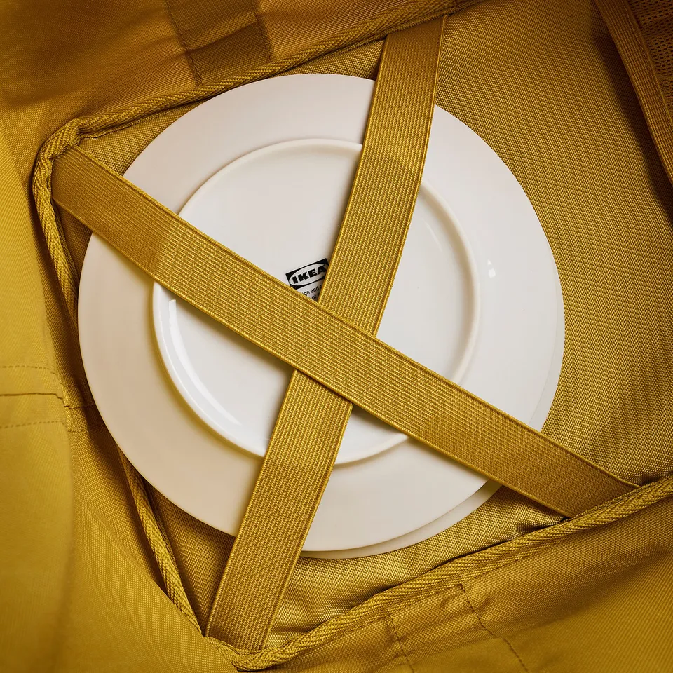 Plate nestled in sturdy, golden bag with elastic straps for secure transport.