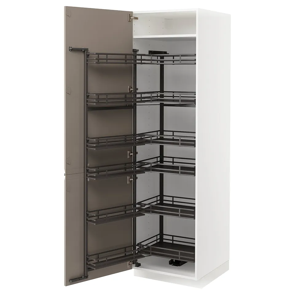 White kitchen cabinet, grey-beige handles, pull-out shelves.