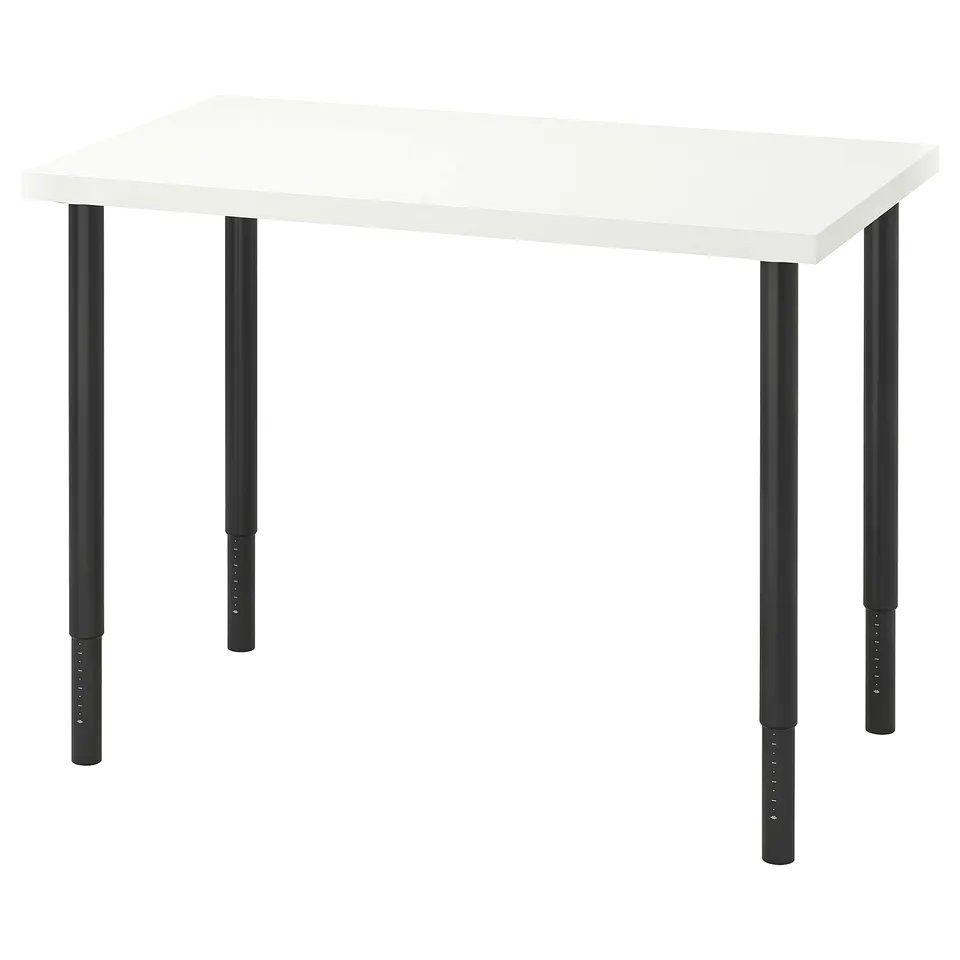 Displays a LINNMON table. It has a white top and black, adjustable legs. The design is sleek and modern.