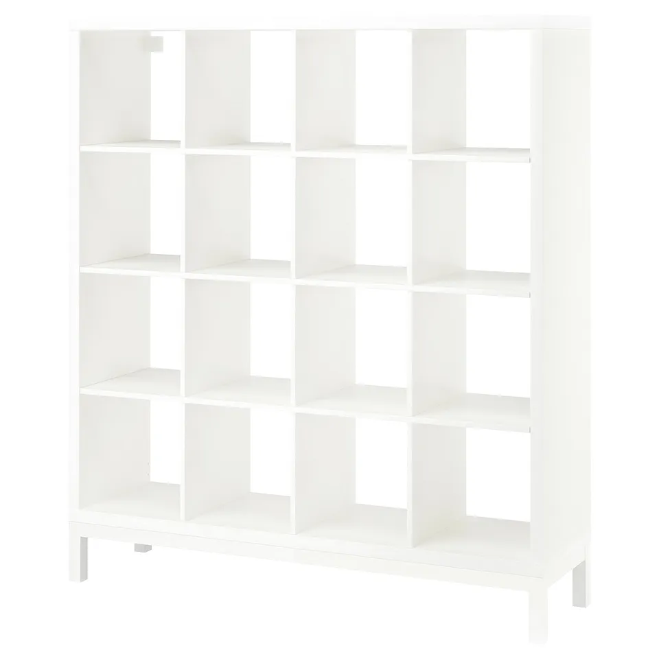 White KALLAX shelving unit, modern design with multiple cubes for storage, made from particleboard and steel.