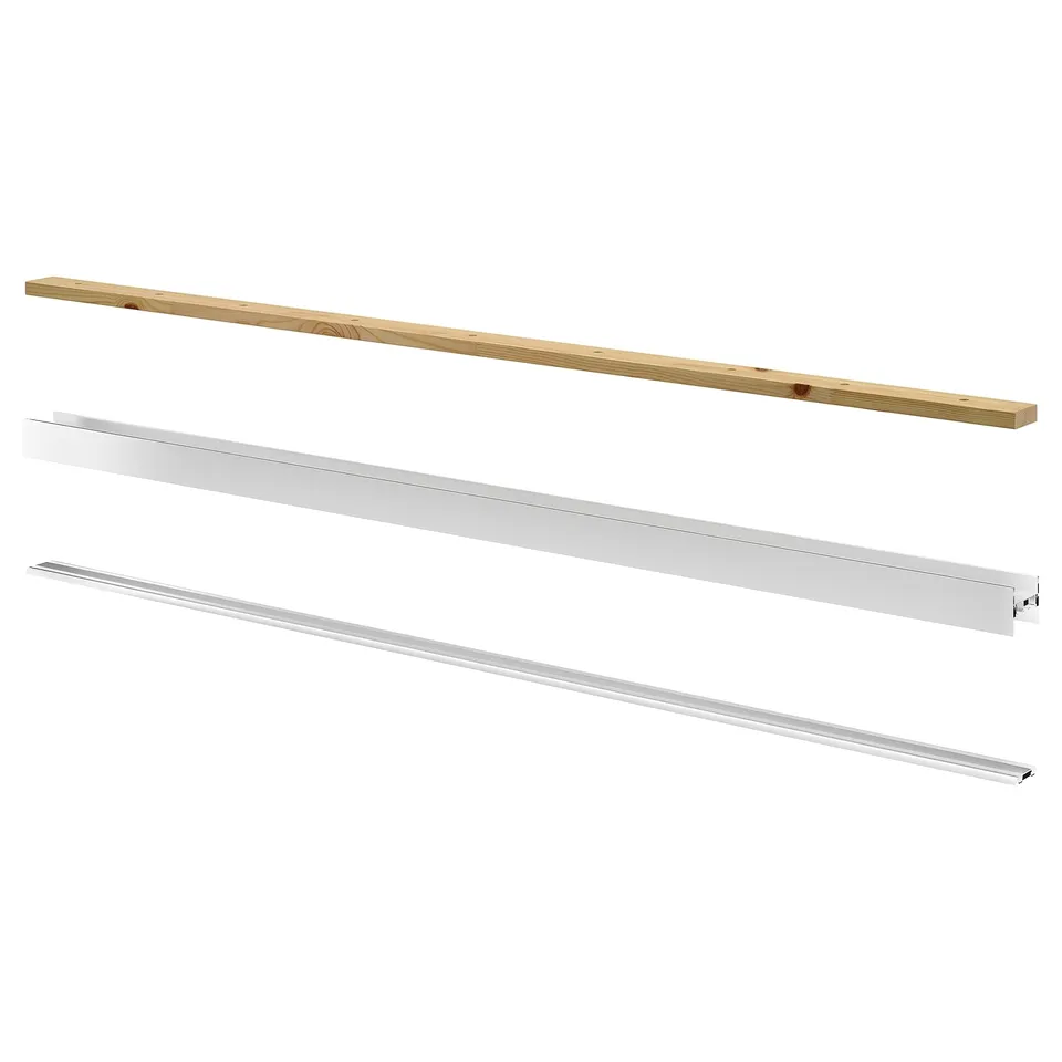 SKYTTA sliding door rails. Three parts: top and bottom aluminium rails, and a pine support rail.