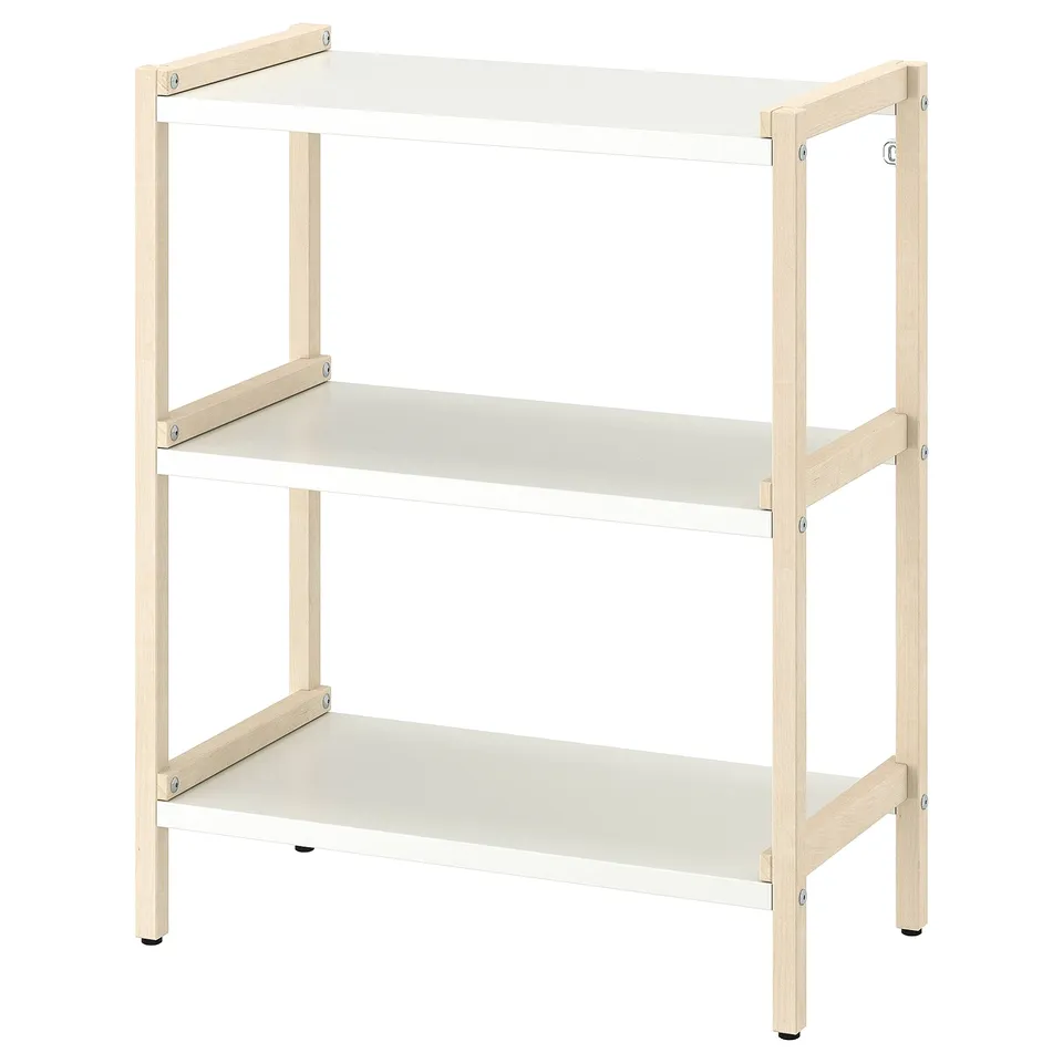 An EKENABBEN white shelving unit with three open shelves, made of metal and wood, designed for easy assembly and storage.