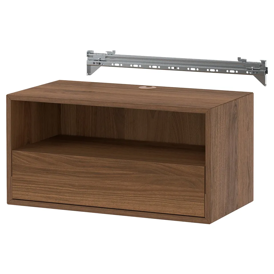 An EKET brown wood cabinet with a suspension rail.