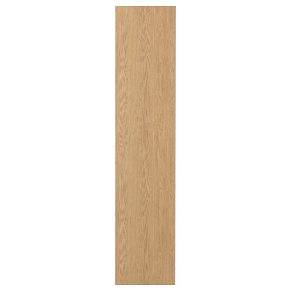 Depicts a STORKLINTA wooden door in a natural oak finish, featuring a simple and modern design.
