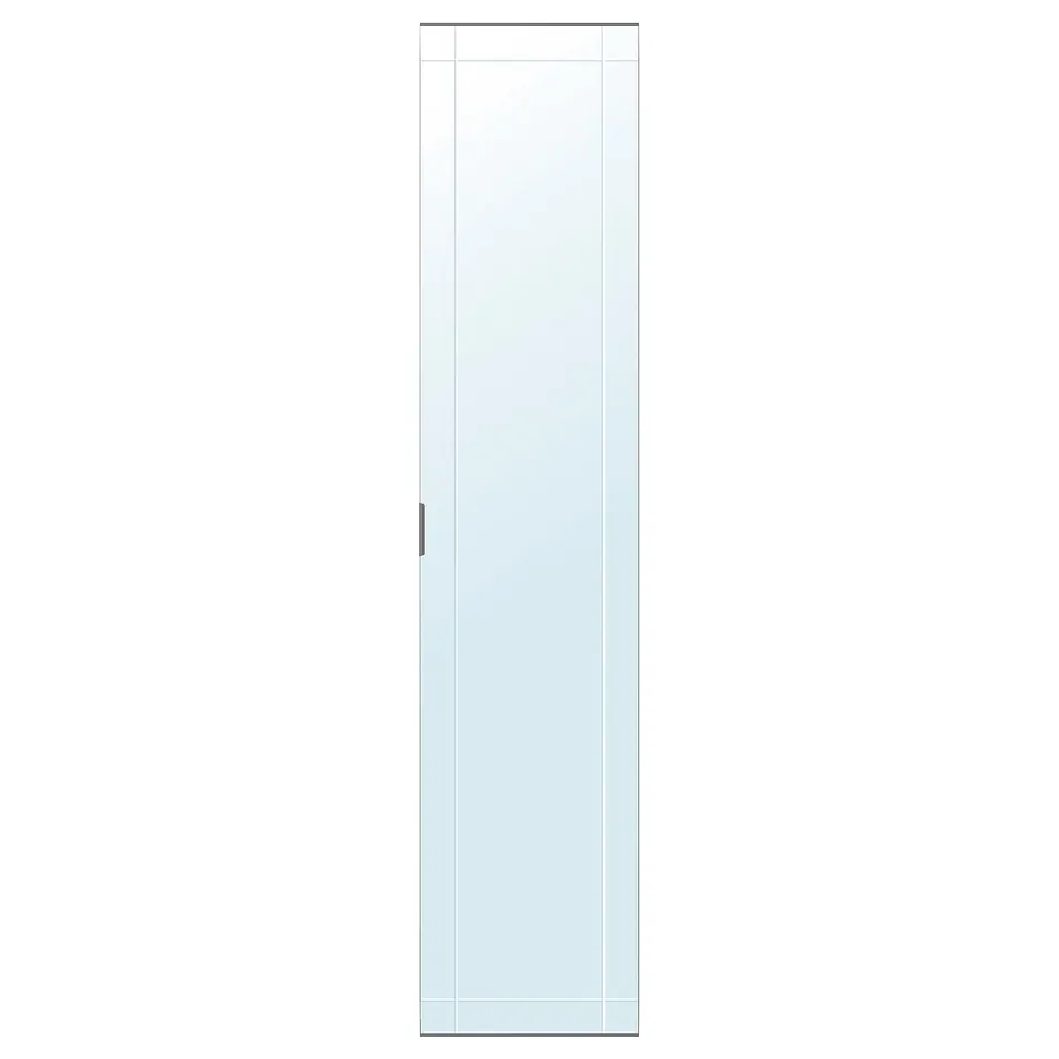 KAMMARTORP mirror door: tall, rectangular with milled pattern, sleek handle, mild steel & nickel hinges.