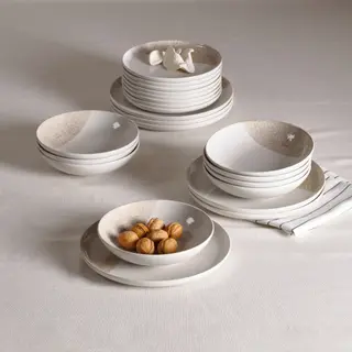KRUSTISTEL set: deep plate x8 + plate x6 + side plate x8, patterned/light beige, 19 cm