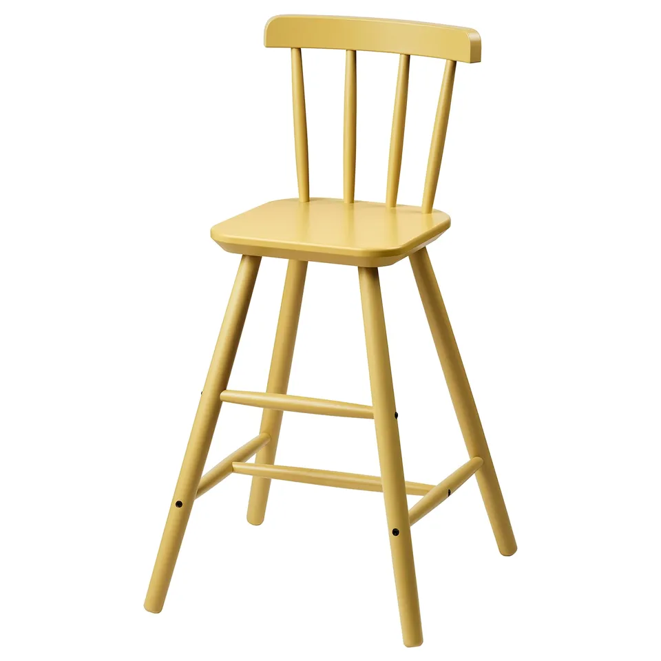AGAM yellow bar stool. Bright, square seat, four angled legs, simple backrest design.